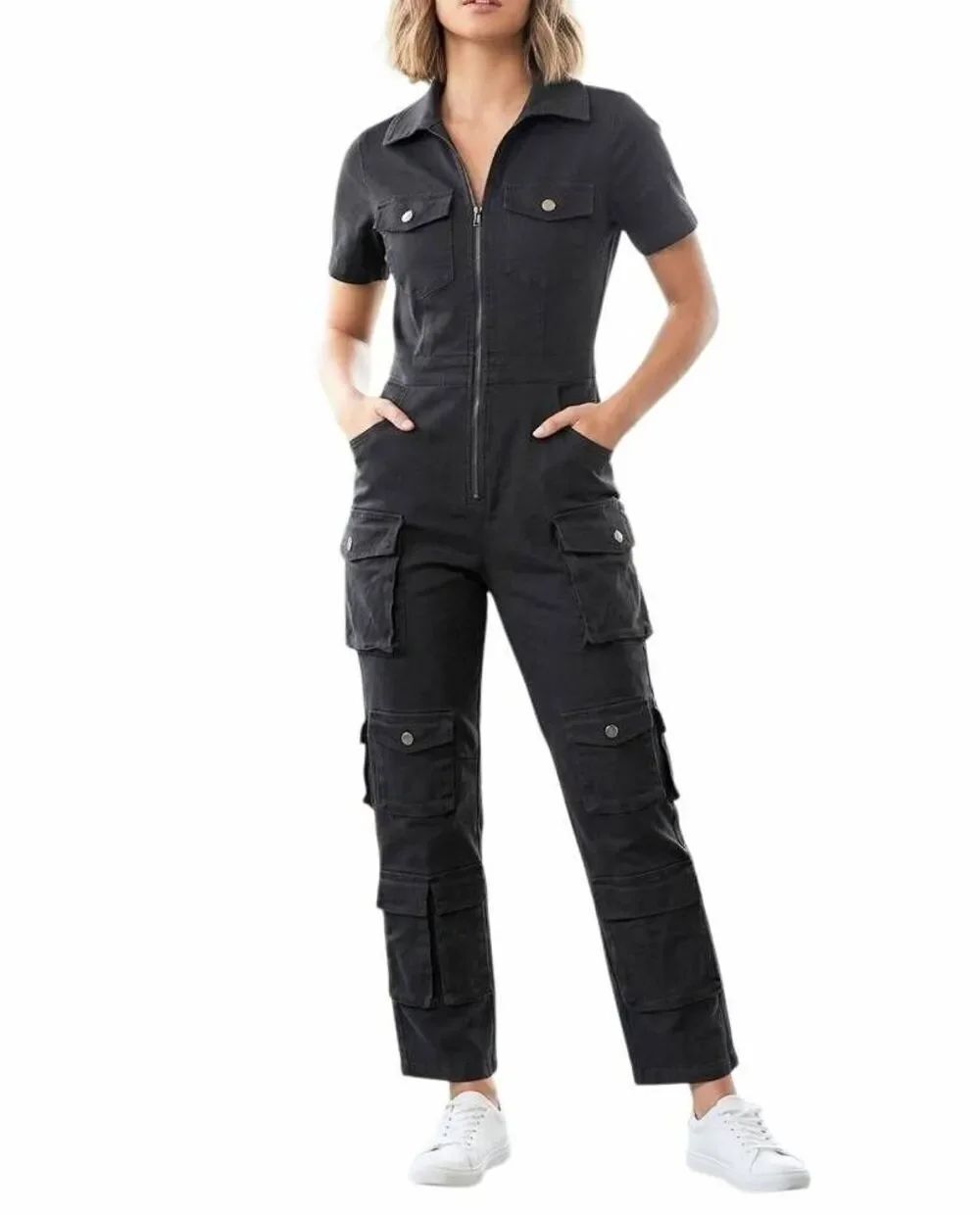 Kaylee Kollection Black cargo pocket stretch short sleeve jumpsuit womens S